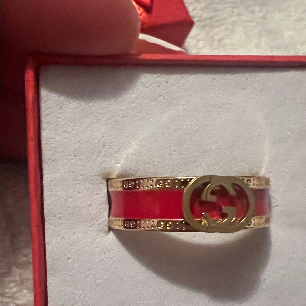 Fashion Jewelry Red Enamel Ring with Gold-Tone Interlock Accent - Picture 2 of 4